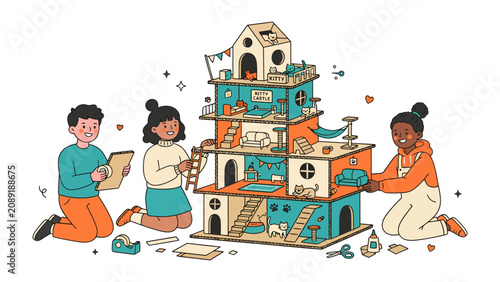Fotografie Children Building Dollhouse: Three children joyfully collaborate to construct a multi-level dollhouse, meticulously arranging miniature furniture and decorations