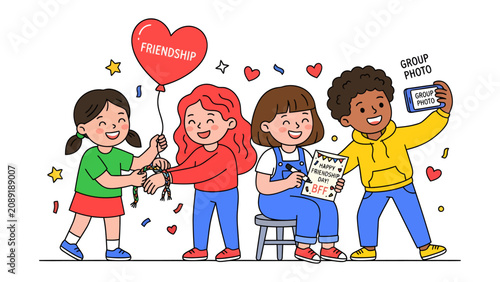Photos Best Friends Forever: A joyful group of four diverse children celebrate their unbreakable bond of friendship, sharing laughter and creating memories under a red heart-shaped balloon and confetti