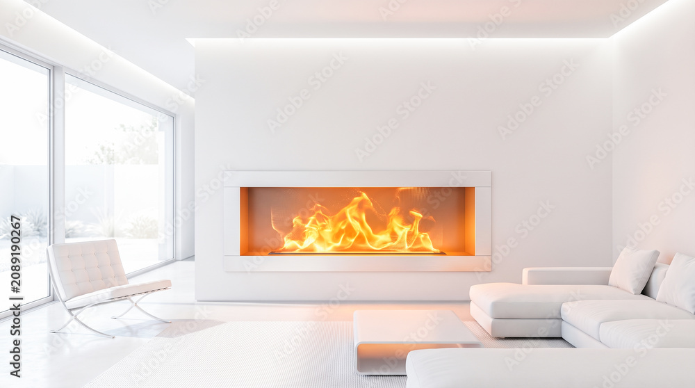 Obraz premium Luxury minimalist white living room interior featuring futuristic glowing digital fireplace modern furniture empty bright space architectural design relaxing comfortable contemporary home environment