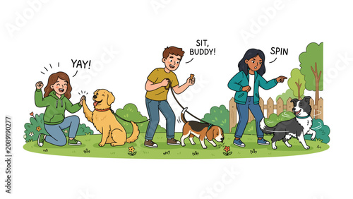 Dog Training in the Park: A joyful girl high-fives her golden retriever, a boy commands his beagle to sit, and a woman tells her border collie to spin.
