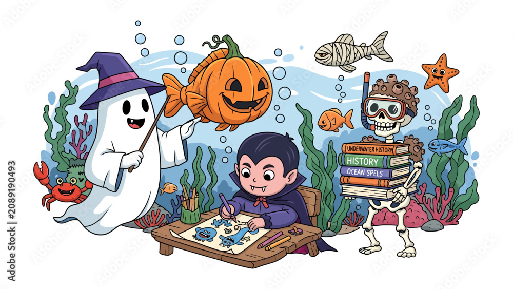 Fototapeta premium Underwater Halloween Classroom: A whimsical ghost teacher guides a vampire student and a skeleton learner through an underwater classroom filled with spooky sea creatures and festive decorations.