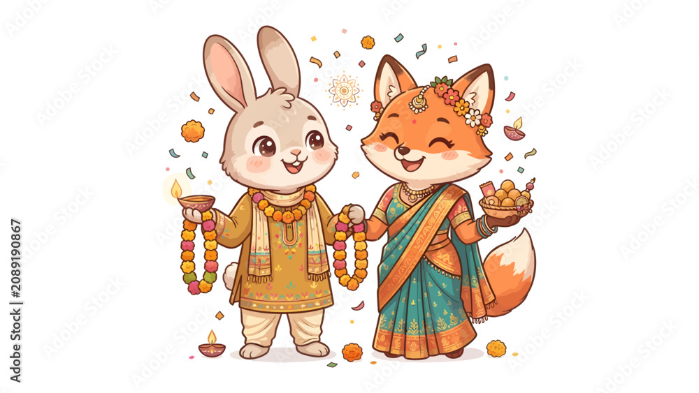 Fototapeta premium Diwali Celebration: A cute bunny and fox adorned in traditional Indian attire celebrate Diwali, holding offerings and surrounded by diyas and festive decorations, symbolizing joy and togetherness.