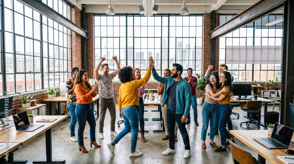 Fototapeta premium Excited diverse creative startup business team celebrating corporate victory giving high fives together inside bright spacious modern loft office workspace overlooking city skyline
