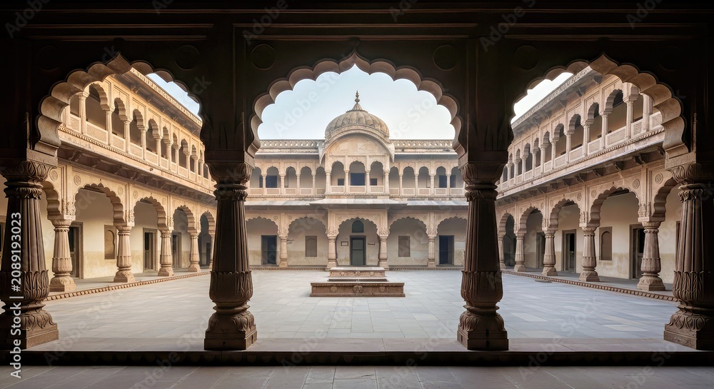 Fototapeta premium Courtyard of a Historic Indian Building With a Central Fountain