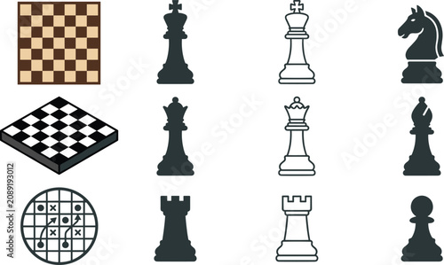 Photos Chess Icon Collection with Chessboard, King, Queen, Rook, Bishop, Knight, Pawn,