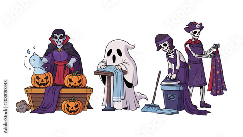 Canvas Print Halloween Chores: A spooky crew of vampires, ghosts, and skeletons tackle holiday preparations with a mix of whimsical and ghastly diligence