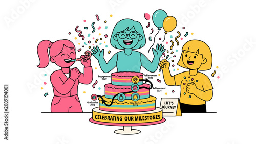 Obraz na plátně Celebrating Life's Milestones: Three cheerful women, each adorned in vibrant attire, joyfully celebrate life's significant milestones with a decorated cake, balloons, and confetti