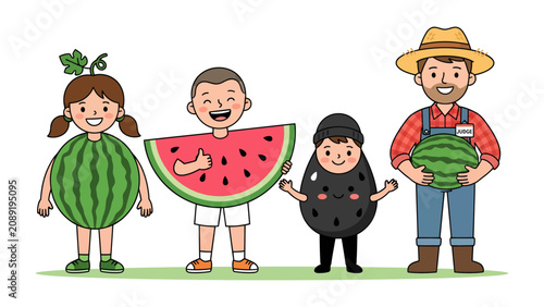 Fotografi Happy Fruits Family: A cheerful farmer stands with three children dressed in vibrant fruit costumes, including a girl in a watermelon dress, a boy holding a watermelon slice, and a tiny tot as a plum