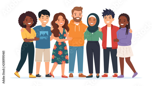 Foto Diverse Friends Together: A group of diverse friends, representing various ethnicities and styles, stand arm-in-arm, showcasing unity and belonging in a vibrant display of camaraderie