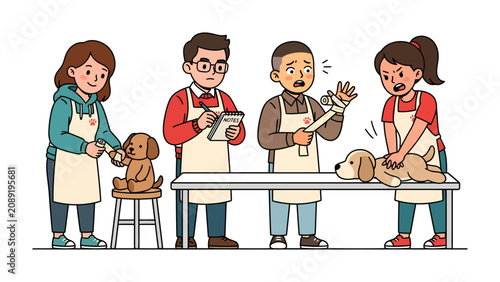Tableau sur toile Dog Grooming Class Chaos: A comical illustration depicts a group of students in a dog grooming class, struggling with a playful puppy, highlighting the challenges and humor of pet care education