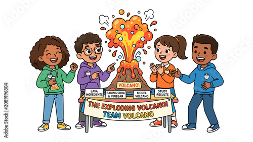 Canvas Print Explosion of Discovery: Young scientists gather around a vibrant, erupting volcano model, showcasing their collaborative project with excitement and wonder