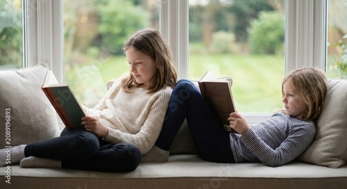 Sisters reading books on window seat at home