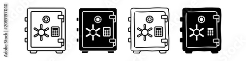 Set of four bank safe icons in line, solid, and hand-drawn styles. Ideal for security, financial storage, and banking protection concepts.