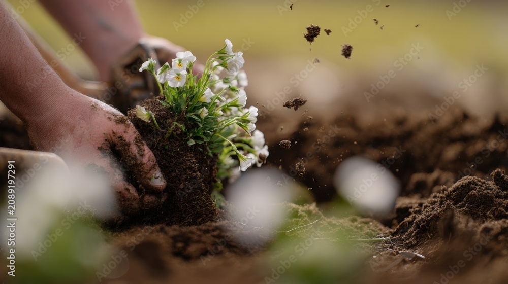Fototapeta premium Hands plant flowers in soil during a gardening activity on a sunny day