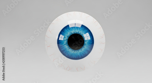 3D render of a bloodshot human eyeball with a vivid blue iris, isolated on a light gray background
