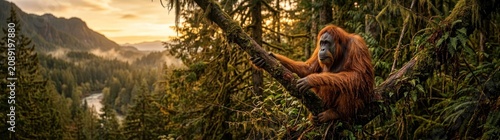 Orangutan in Misty Forest at Sunrise