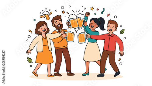 Fotografie Cheers to Friendship: A vibrant illustration captures a group of diverse friends joyfully clinking their beer mugs, celebrating a moment of camaraderie and happiness