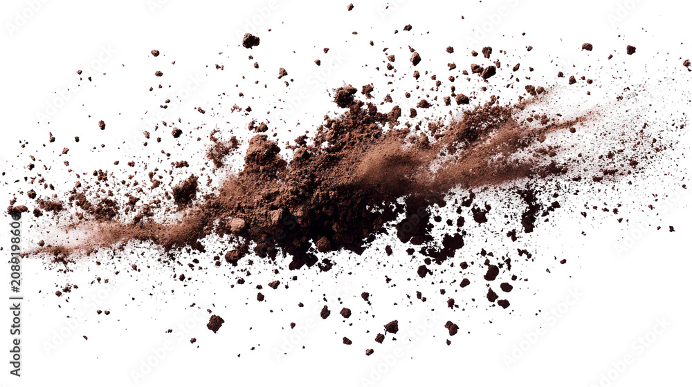 Fototapeta premium Brown powder explodes on black background, dynamic composition with particles