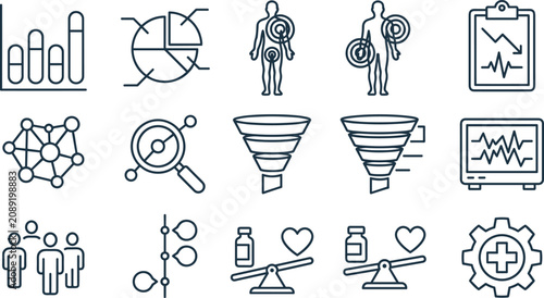 Medical Research and Healthcare Analytics Line Icon Set with Patient Monitoring, Clinical Data, Diagnostics, Epidemiology, and Health Technology Vector Collection