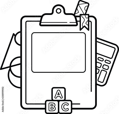 Billede på lærred A comprehensive black and white outline drawing of a school clipboard with educational items