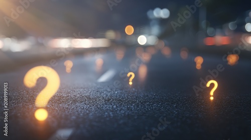 Questions appear on a dark road at night with blurred lights in the background