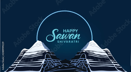 Vászonkép Happy Sawan Shivratri greeting featuring sacred mountains beneath glowing circle