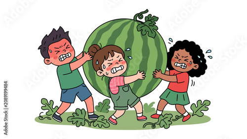 Fotografie Dispute Over Watermelon: Three children struggle to pull a giant watermelon, their faces contorted in frustration and effort, symbolizing conflict and desire