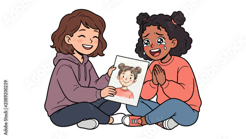 Schilderij op canvas A Moment of Empathy: One friend tenderly shows a drawing to another, whose face is wet with tears, displaying a mix of emotions and understanding