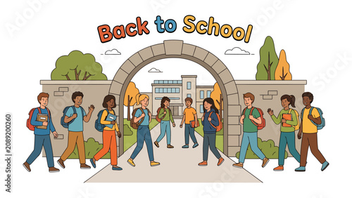 Quadro su tela Back to School Excitement: Diverse students, laden with backpacks and books, stride through an archway towards a school building, embracing the start of a new academic year with enthusiasm