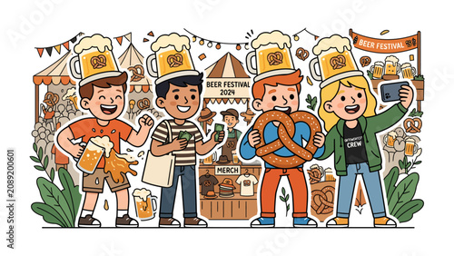 Fotografie Oktoberfest Fun: A group of cheerful friends enjoy a lively beer festival, complete with traditional pretzels, frothy mugs, and festive decorations
