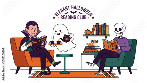 Canvastavla Halloween Reading Club: A vampire and a skeleton, accompanied by a friendly ghost, enjoy a cozy tea break while engrossed in books, surrounded by autumnal decorations