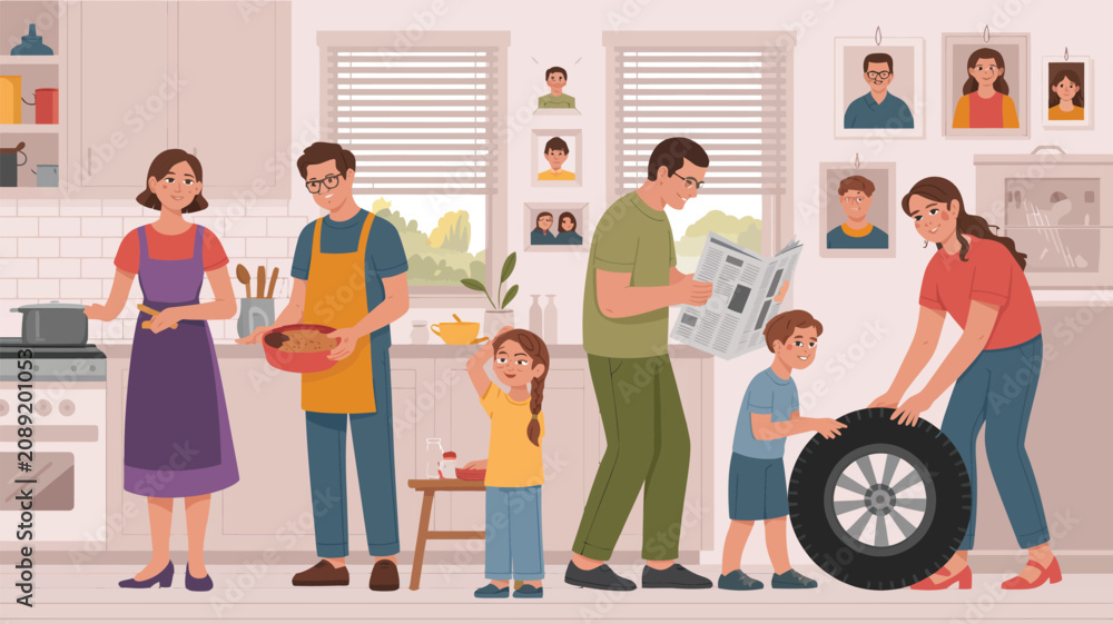 Fototapeta premium Multitasking Family Scene: A heartwarming illustration depicting a busy family engaging in various household activities. A mother cooks, a father prepares food, another father reads a newspaper.