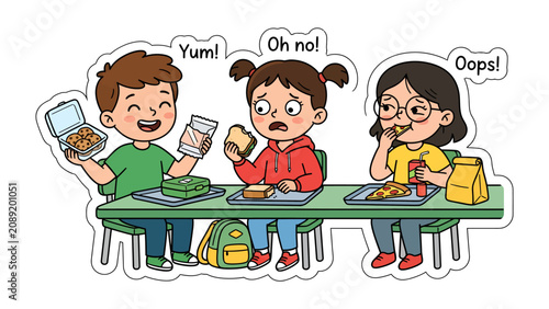 Photos Lunchtime Adventures: Three children sit at a school desk, experiencing different emotions about their midday meals