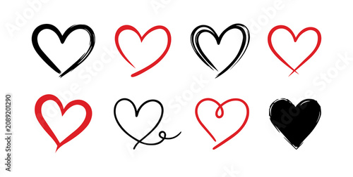 Collection of black and red heart vector icons in various shapes and line styles, including solid, outline, hand-drawn designs. Isolated on white background. Ideal for Valentine’s Day, romance, weddin