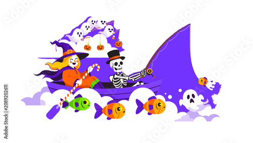Photography Halloween Boat Ride: A whimsical illustration of a witch and a skeleton on a boat with ghost and candy fish decorations, celebrating Halloween on a cloudy sea