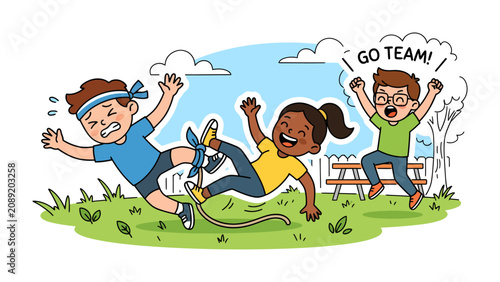 Fotografie Sack Race Mishap: Two children stumble during a spirited sack race, one falling comically while another laughs, as a third cheers them on, capturing the fun and chaos of childhood games