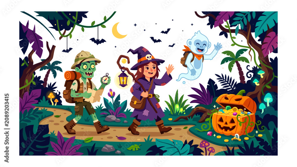 Fototapeta premium Halloween Adventure in the Jungle: A young witch, a zombie explorer, and a friendly ghost embark on a spooky jungle adventure, discovering a treasure chest filled with Halloween goodies.