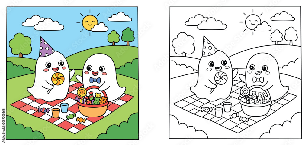 Naklejka premium Cute Cartoon Ghosts Picnic Coloring Book Page Vector Illustration, Friendly Ghost Characters with Candy Basket, Party Hat, and Gummy Bears on Checked Blanket, Kids Activity Worksheet