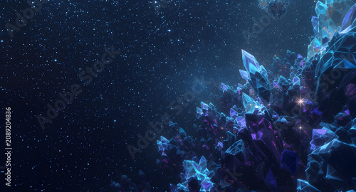 Deep space starfield with glowing blue and purple crystal formations along the edge. Futuristic sci‑fi gemstone landscape with sparkling highlights and copy space.