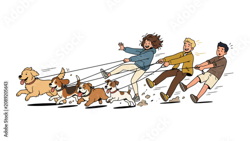 Tableau sur toile Chaos on a Leash: Three friends struggle to keep a lively pack of dogs under control as they excitedly pull on their leashes