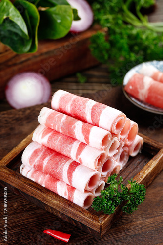Raw Marbled Beef Lamb Rolls on Wooden Board Hot Pot Ingredients Fresh Meat Slices Asian Cuisine Cooking Preparation