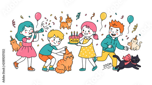 Quadro su tela Birthday Party Fun: Children in party hats celebrate with cats, balloons, and cake, creating a festive and joyful atmosphere filled with laughter and playful chaos