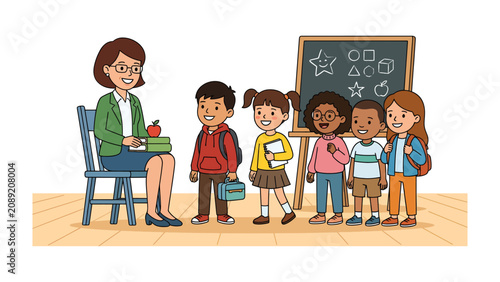 Cuadro en lienzo First Day of School Joy: A friendly teacher welcomes a line of eager young students, holding books and backpacks, ready for a day of learning and fun in a bright classroom setting