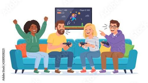 Cuadro en lienzo Friends Gaming Session: A group of diverse friends are engrossed in a video game, laughing and cheering while holding controllers, illuminated by the television screen