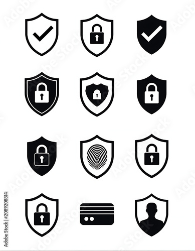 Collection of security icons in shields with lock fingerprint checkmark user and credit card symbols isolated on white background vector.