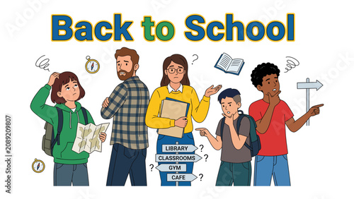 Bild auf Leinwand Back to School Confusion: A diverse group of students and an adult educator stand with confused expressions, holding maps and looking at directional signs