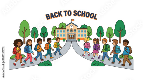 Fényképezés Back to School Illustration: Diverse group of children walk towards a school building, eager to start a new academic year filled with learning and friendship
