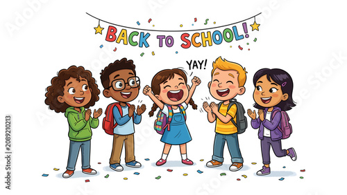 Canvastavla Back to School Celebration: Diverse group of smiling children joyfully celebrating the start of the new school year, with a Back to School! banner and confetti falling