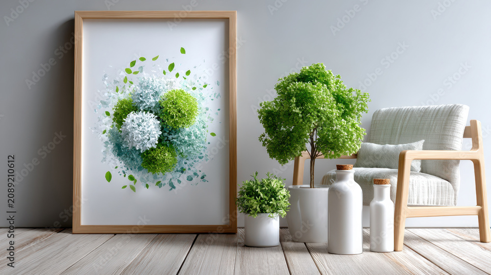 Fototapeta premium Eco framed botanical art print displayed with tabletop plants and ceramic pots for sustainable interior decor, minimalist living room styling and green wellness branding visuals