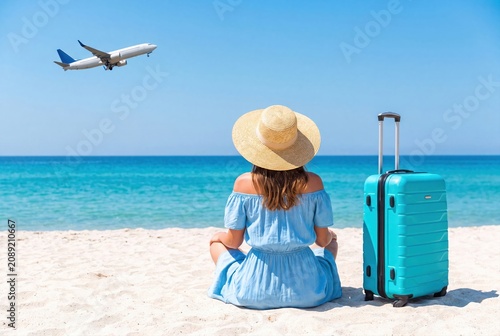 Woman sitting on white sand beach watching airplane taking off with suitcase for vacation with ocean